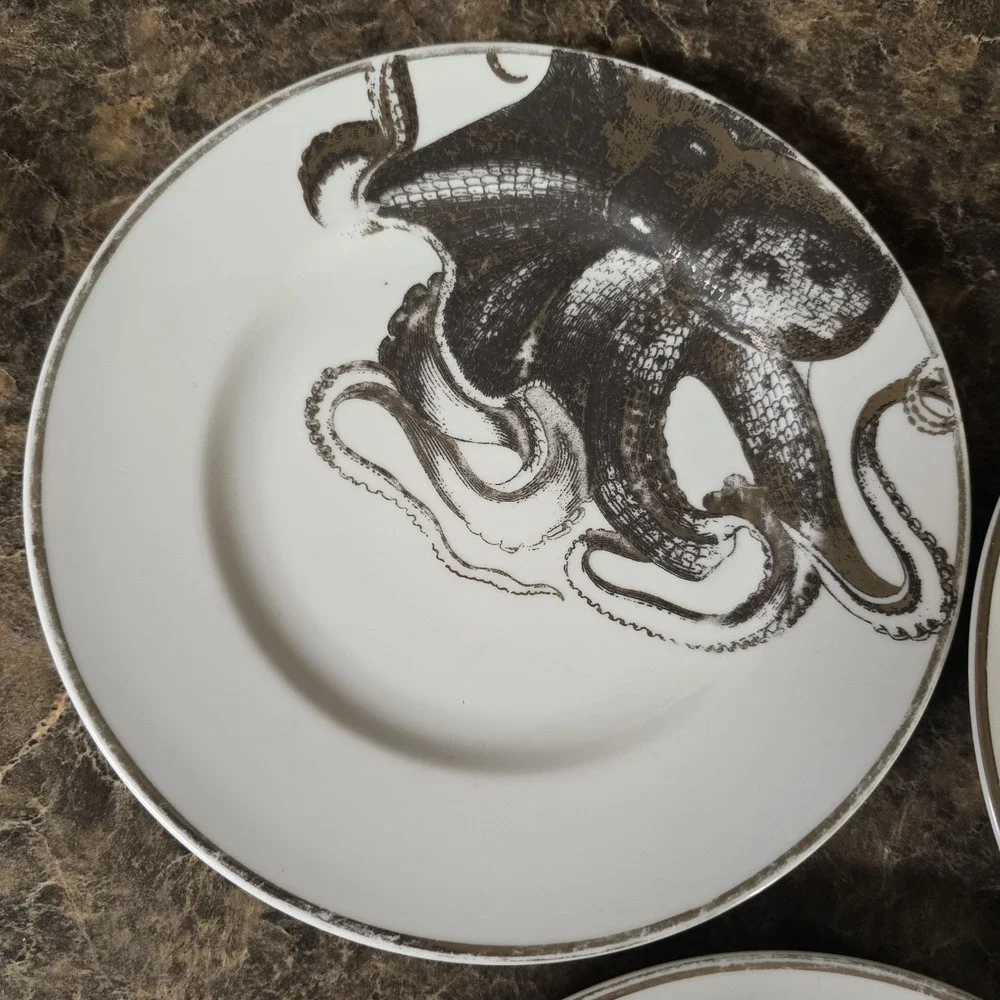 Set 3 ZGallerie Delfina Salad Plate Platinum Sea life Turtle Octopus modern glam